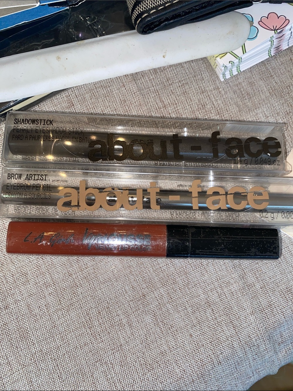 about-face Shadowstick & Brow Artist Eye Pencils with Terracotta Lip Gloss